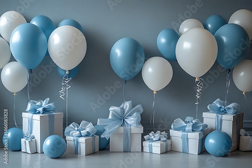 Celebration scene featuring balloons gift boxes and decorative bows in shades of blue and white.