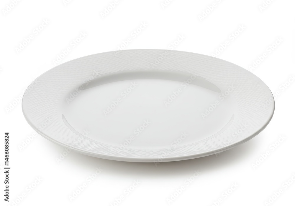 Simple white ceramic plate isolated on a white background for food presentation Simple white ceramic plate isolated on a white background for food presentation