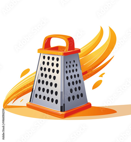 Cartoon Cheese Grater with Chunk of Swiss Cheese and Radiating Flavor Lines

