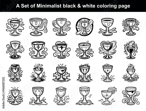 Chalice Line Art Set, Variety of Vintage Glassware, Outline Designs, Transparent