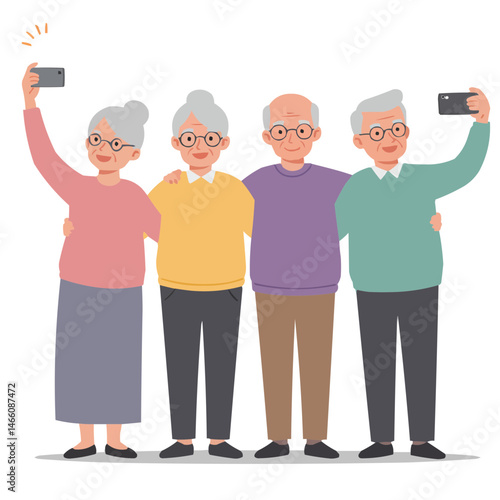 Elderly friends taking selfies - cheerful senior friends enthusiastically taking selfies, their faces glowing with happiness and genuine emotions, atmosphere of warm communication and active aging.