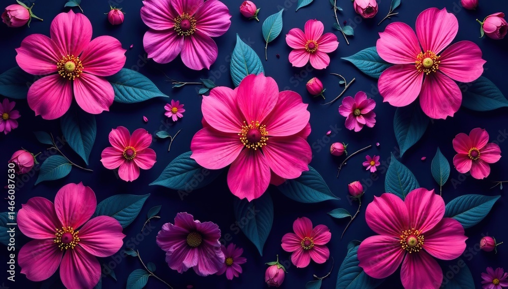 Intricate fuchsia floral pattern, vibrant blooms on dark background, decor, petals, luxury Intricate fuchsia floral pattern, vibrant blooms on dark background, decor, petals, luxury
