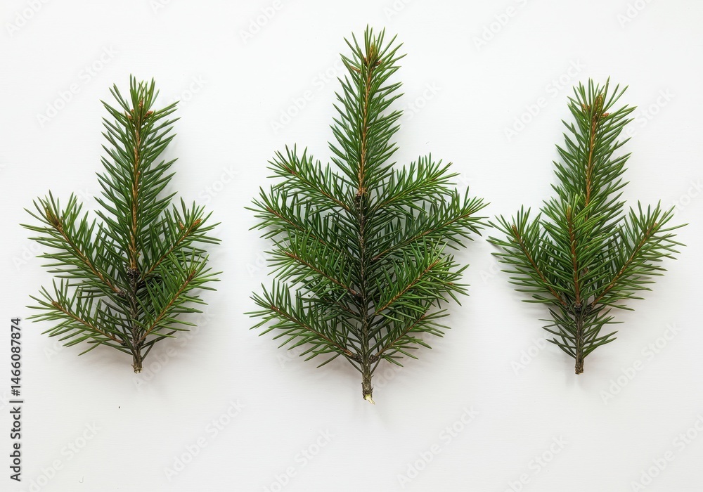 Obraz premium Three sprigs of green fir tree on a white background viewed from above