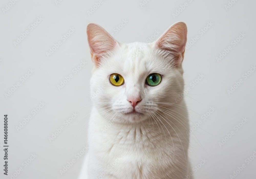 Obraz premium Portrait of a white cat with heterochromia, one yellow eye and one green eye