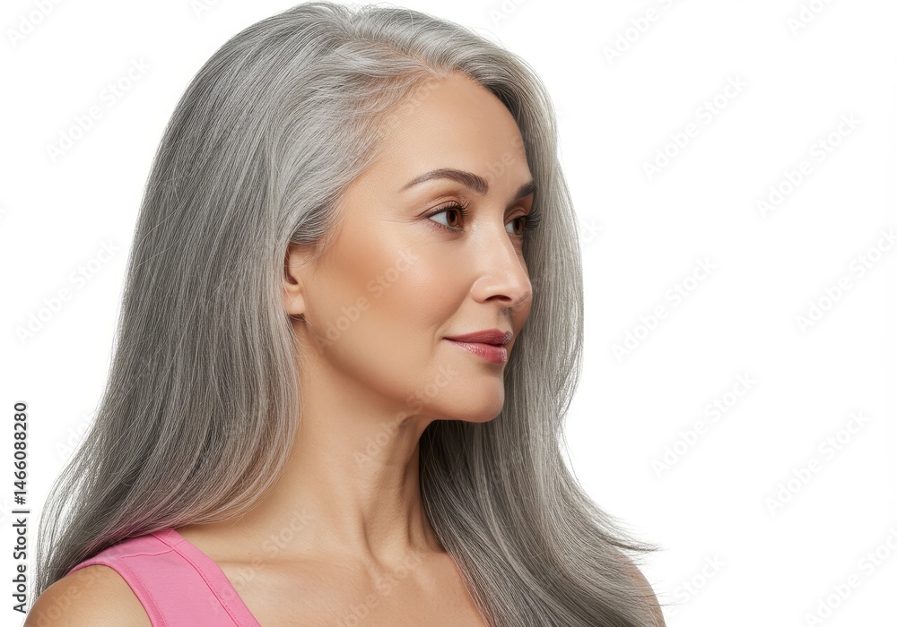 Profile of a mature woman with long gray hair looking to the right on white background Profile of a mature woman with long gray hair looking to the right on white background