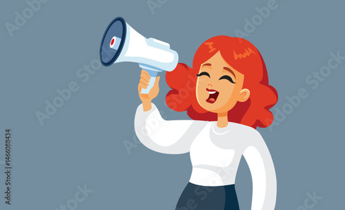 Woman Holding a Loudspeaker Spreading Message Vector Illustration. Activist person communicates and proclaims social change. 
