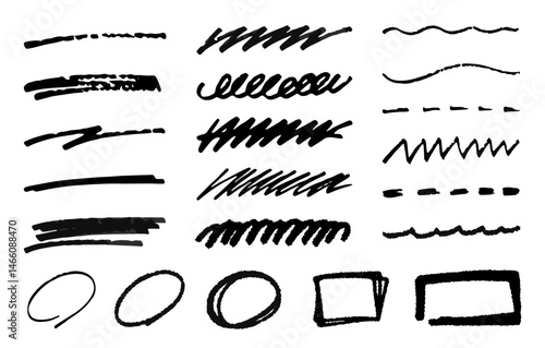 手描きの線のセット。落書きのマーカーペン。下線のベクター素材。