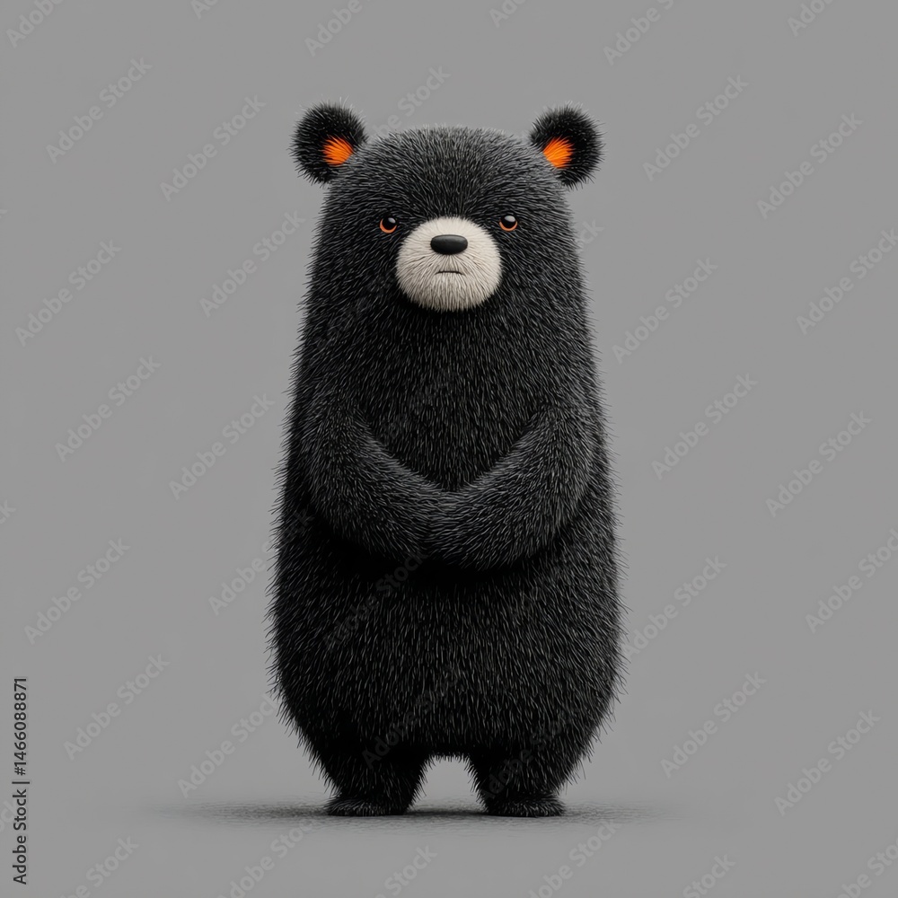 Adorable Black Bear Cub, Soft Fur, Standing Pose, Gray Background, Sweet Expression Adorable Black Bear Cub, Soft Fur, Standing Pose, Gray Background, Sweet Expression