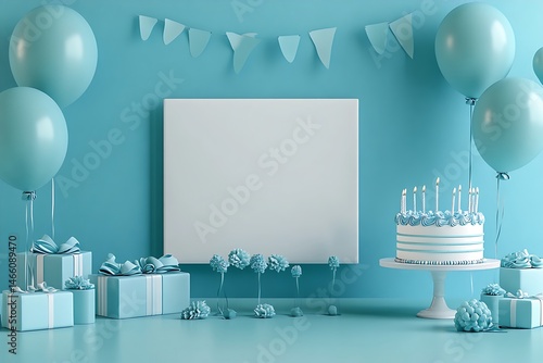 Elegant birthday celebration background with cake gifts balloons and decorative elements in monochromatic teal