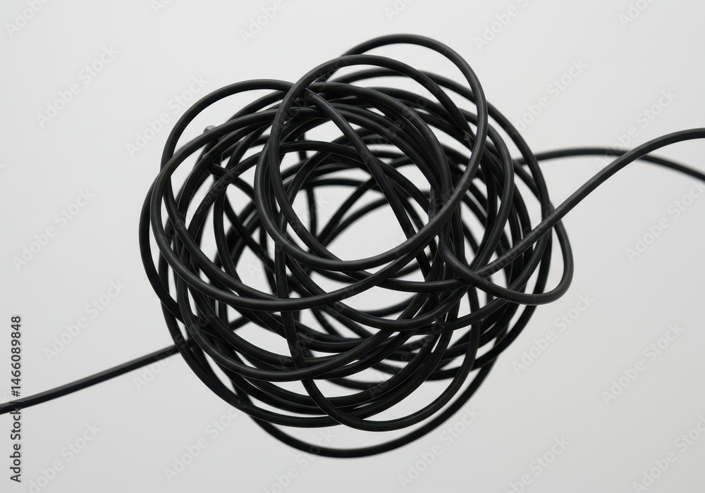 Tangled black cable forming a ball shape against a white background in a close-up shot Tangled black cable forming a ball shape against a white background in a close-up shot