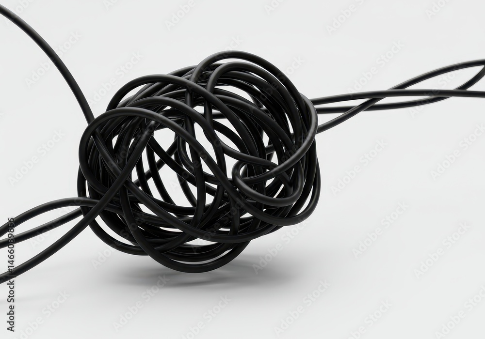 Tangled black cable forms a knotted ball against a stark white background, creating a sense of disarray Tangled black cable forms a knotted ball against a stark white background, creating a sense of disarray
