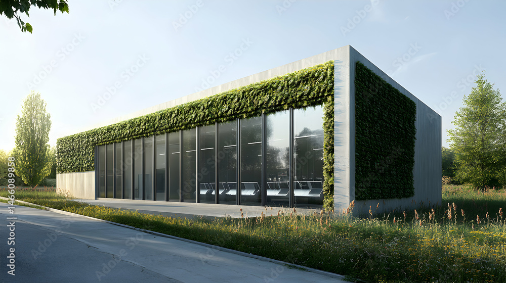 Obraz premium Modern building with large windows and a green roof in a natural setting.