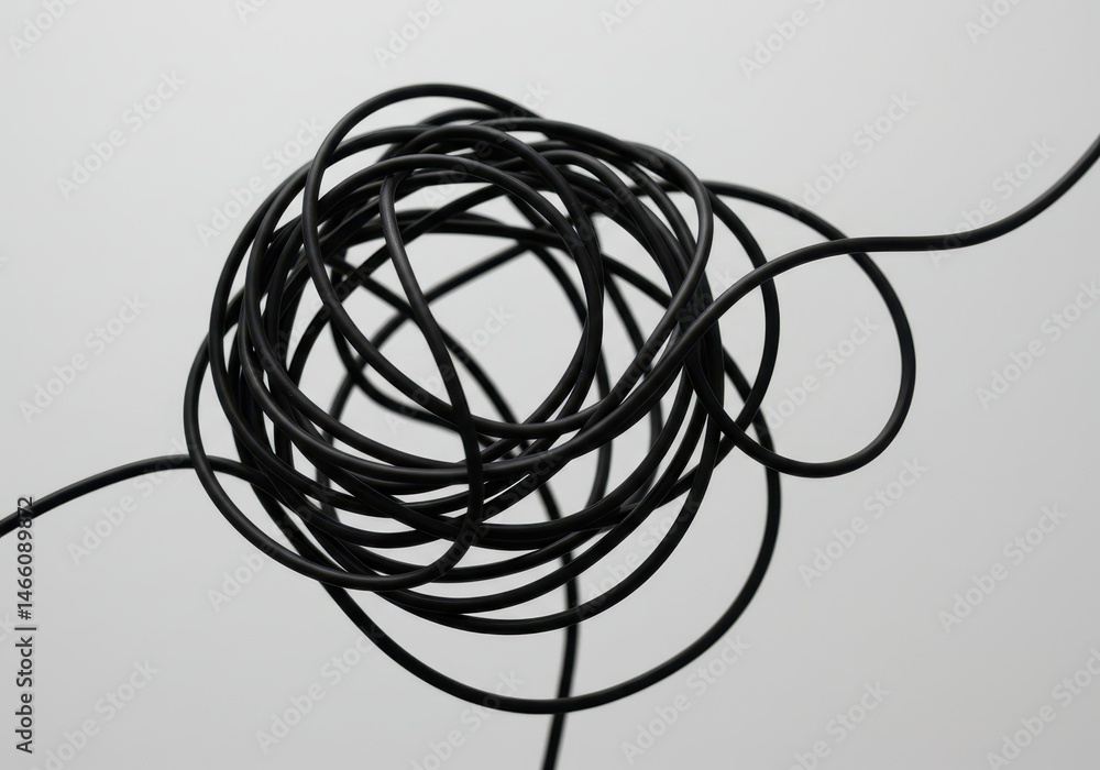 Tangled black cable forms a messy coil against a plain white background in a studio shot Tangled black cable forms a messy coil against a plain white background in a studio shot