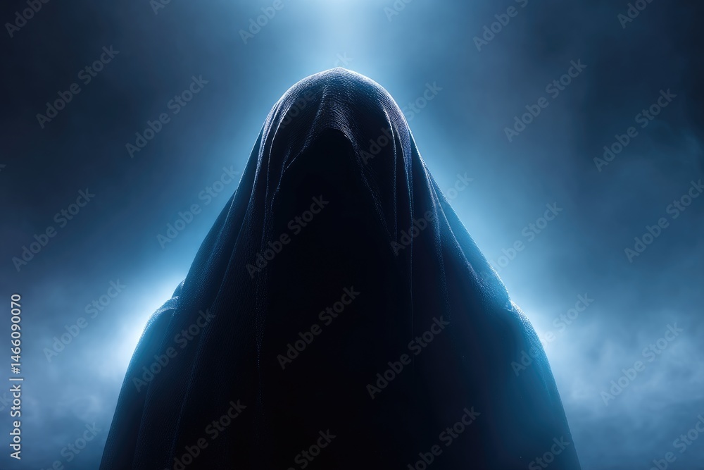 Mysterious figure shrouded in dark cloak under dramatic lighting. Mysterious figure shrouded in dark cloak under dramatic lighting.