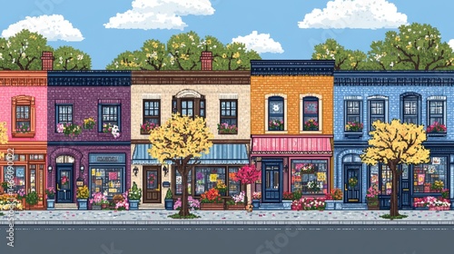 Vibrant Pixelated Main Street Shops Facade with Trees and Cloudy Sky Retro Gaming Aesthetic Townscape Vector Illustration