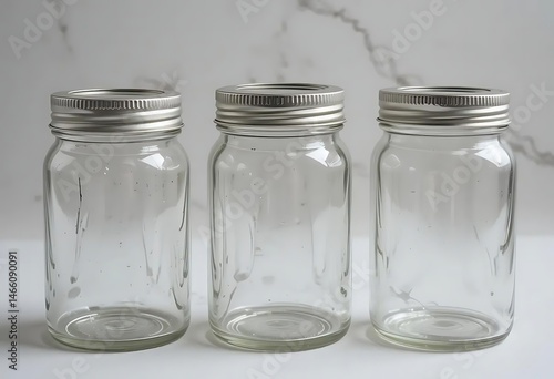 Three Empty Glass Jars with Silver Lids on Marble Background