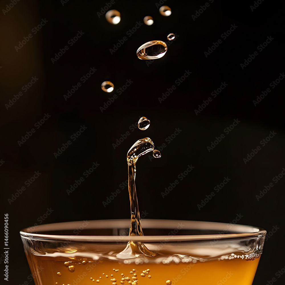 Macro view of water droplet falling into cup of dark coffee, captured at moment impact with rich splash pattern and smooth ripple detail in calm morning cafe setting