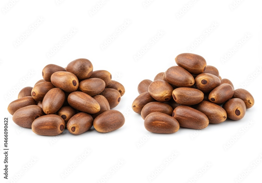 Fototapeta premium Two small piles of brown jackfruit seeds are isolated against a white background in a studio shot