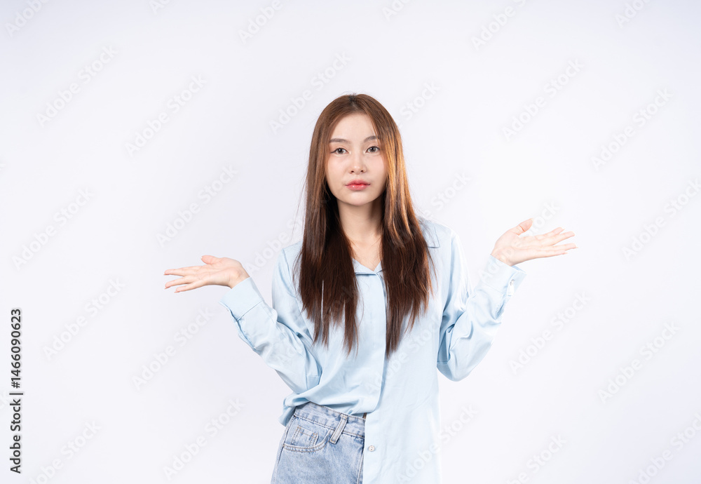 Woman raising her hand in a confused pose with a question and a confused expression on her face is a photo on a news colored background. Woman raising her hand in a confused pose with a question and a confused expression on her face is a photo on a news colored background.