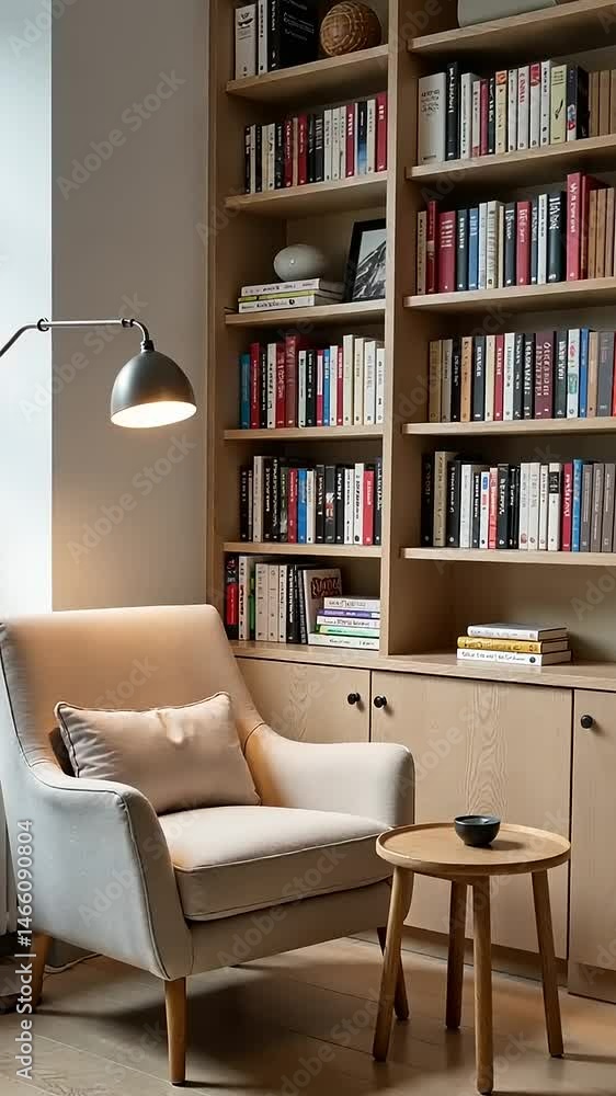 Inviting reading corner featuring a comfortable armchair and extensive bookshelves Inviting reading corner featuring a comfortable armchair and extensive bookshelves