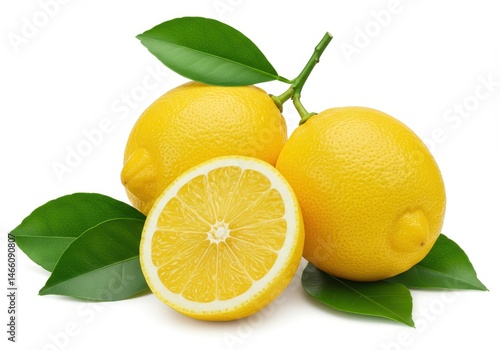 Wallpaper Mural Bright lemons with leaves, including a halved lemon, arranged on a white surface for a fresh and vibrant display Torontodigital.ca