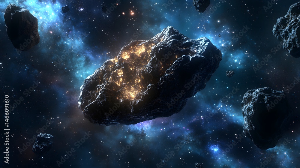 Fototapeta premium Asteroid with Alien Structures: A mysterious asteroid with alien structures built on its surface, drifting through the cosmos.