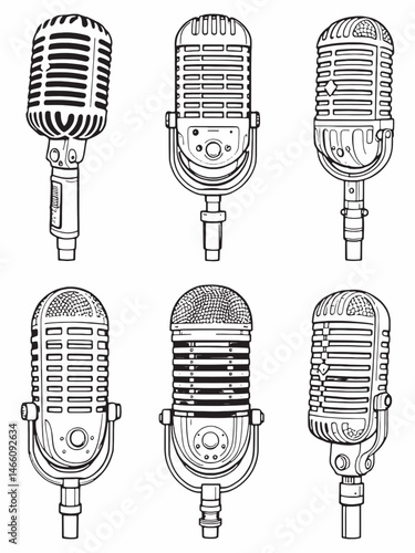 A vintage microphone design line art creation.eps