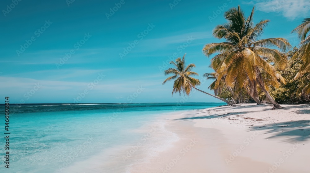 Tropical beach with palm trees near turquoise waters on a sunny day in a serene coastal paradise Tropical beach with palm trees near turquoise waters on a sunny day in a serene coastal paradise