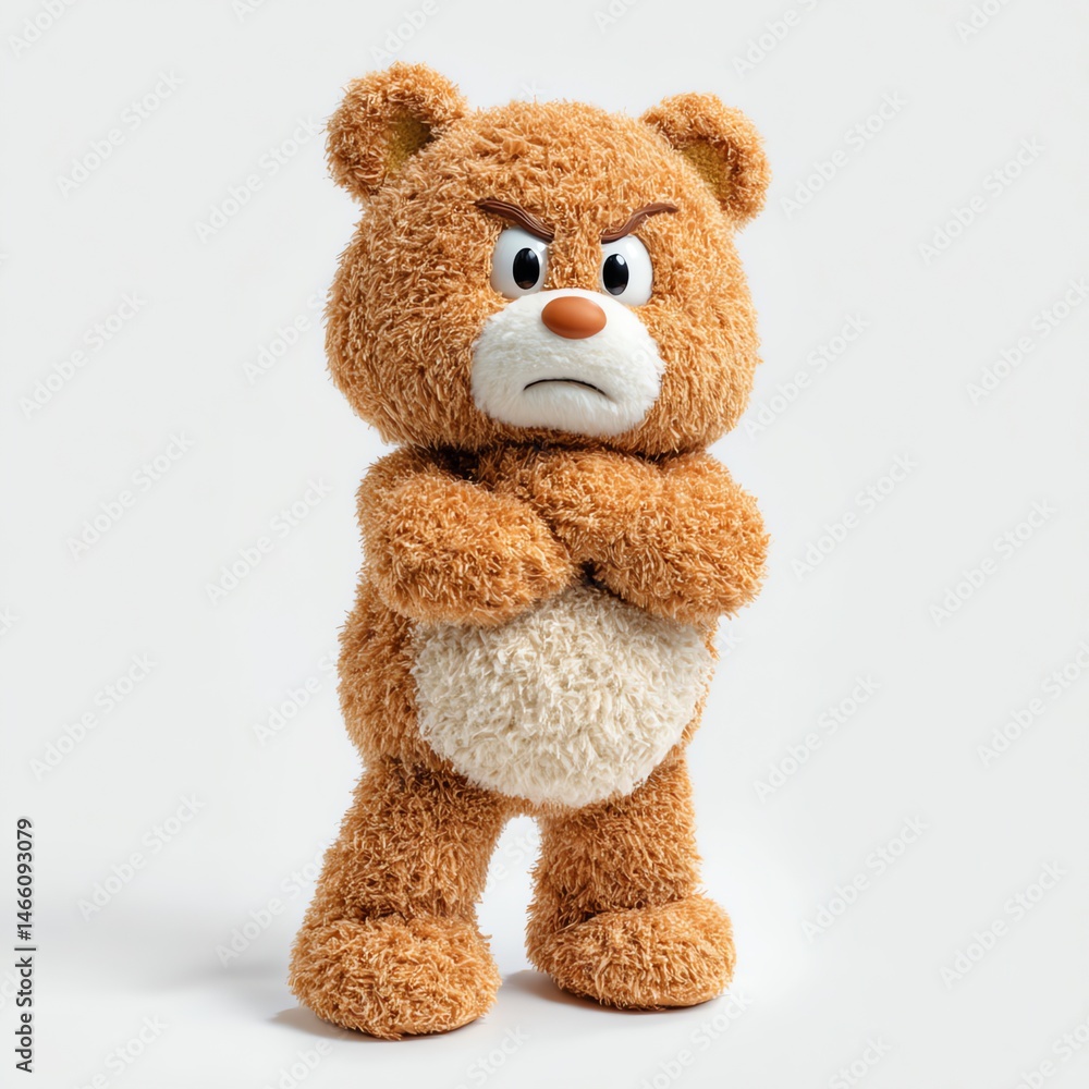 Obraz premium A Grumpy Teddy Bear Stands Defiantly, Arms Crossed, Against a Plain White Background. His Expression Is One Of Clear Discontent.