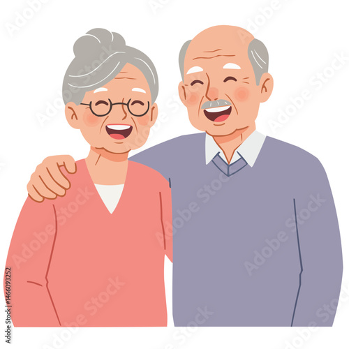 Elderly couple laughing together - silver-haired pair sharing genuine laughter, their wrinkles telling a story of long happy life together.