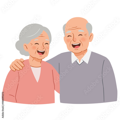 Elderly couple laughing together - silver-haired pair sharing genuine laughter, their wrinkles telling a story of long happy life together.