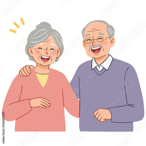 Elderly couple laughing together - silver-haired pair sharing genuine laughter, their wrinkles telling a story of long happy life together.