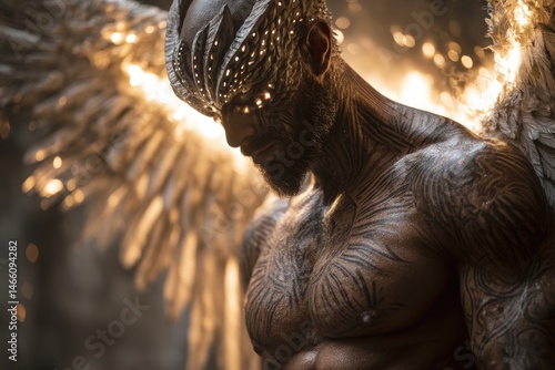 A powerful figure with ornate headpiece and wings.