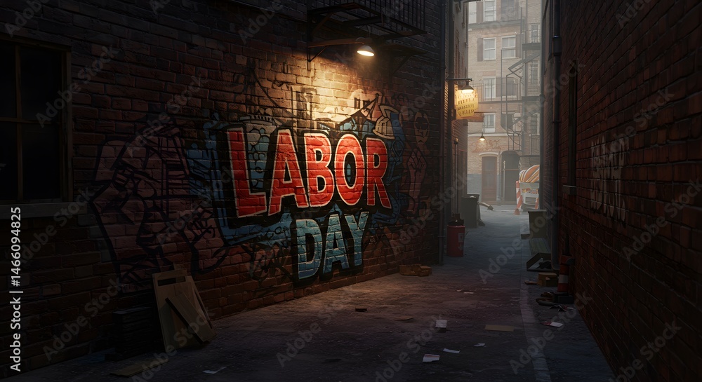 Naklejka premium Labor Day Graffiti in Urban Alleyway