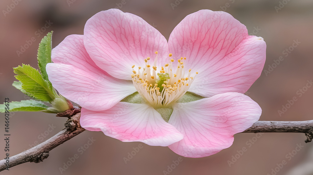 Obraz premium Pink Quince Blossom Close-up: Delicate pink and white petals of a quince flower, showcasing intricate details of its pistils and stamens, blossom on a branch.