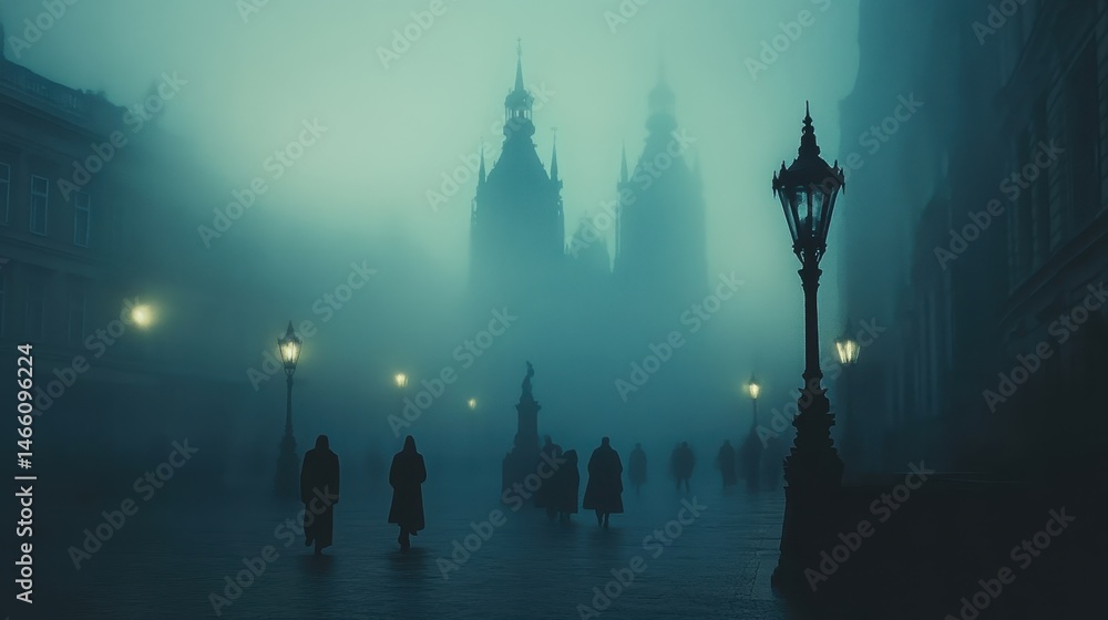 Obraz premium Mysterious silhouettes wander through foggy streets near a historic castle at twilight