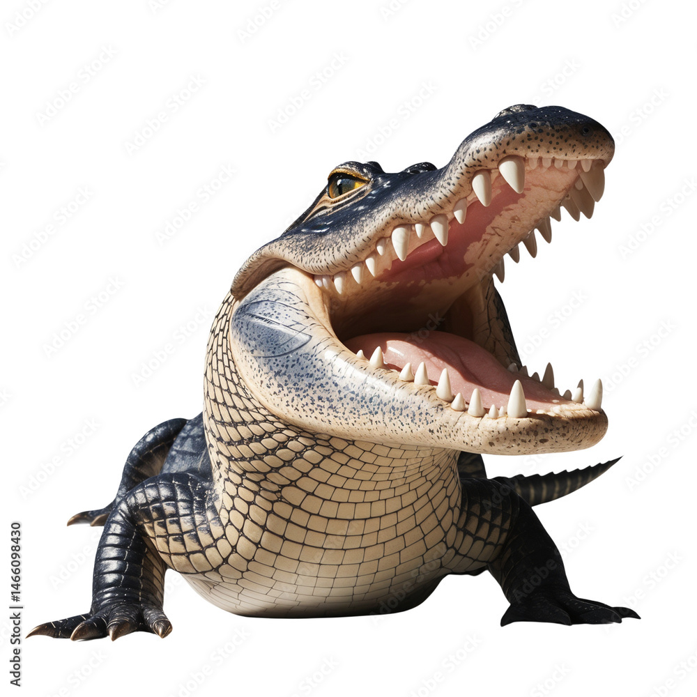 Obraz premium Majestic Alligator Displaying Sharp Teeth on White Background