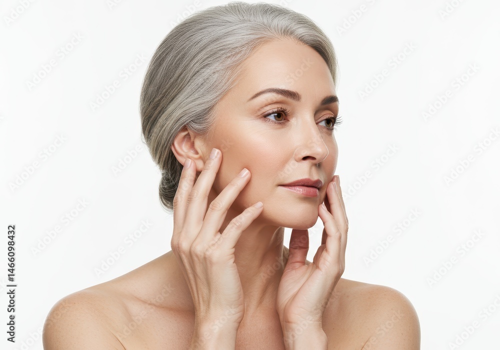 Elegant older woman with gray hair gently touching her face in a skincare or beauty concept on white Elegant older woman with gray hair gently touching her face in a skincare or beauty concept on white