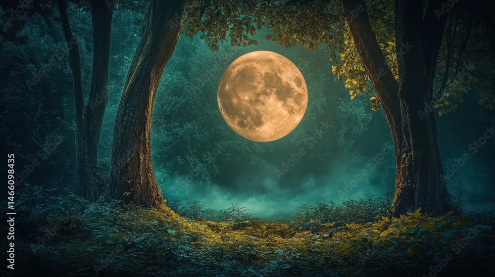 Fototapeta premium Majestic full moon illuminating a serene forest clearing at night, surrounded by towering trees and mystical fog