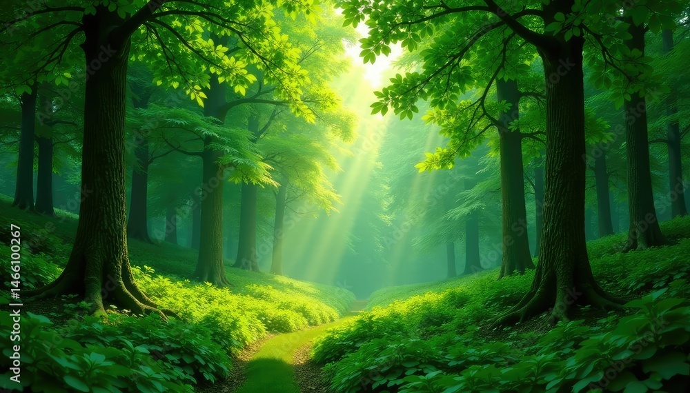Obraz premium Serene forest background, lush green trees, dappled sunlight Ideal for nature themes , backdrop, shadow