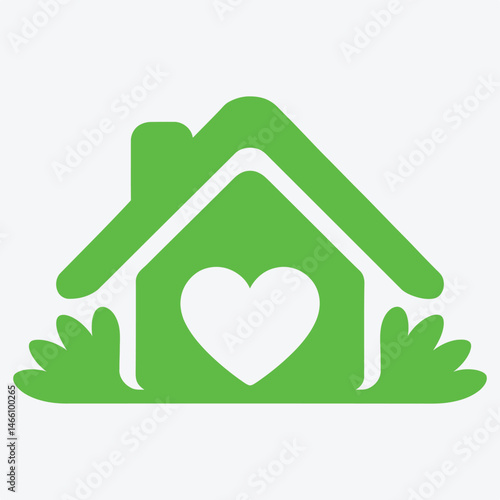 A green house icon with a white heart, symbolizing a loving home