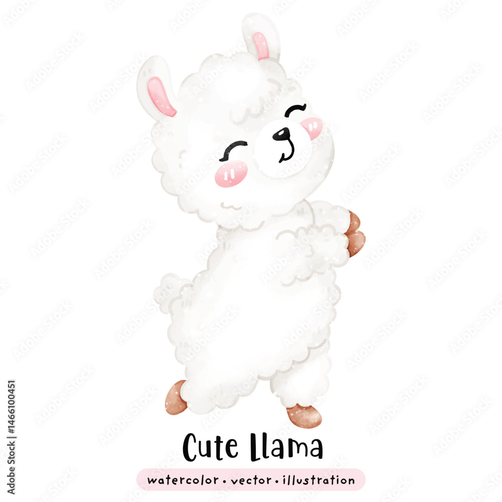 Fototapeta premium Cute Llama kawaii alpaca in watercolor style vector illustration
