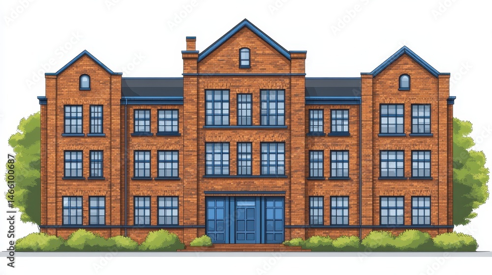 Fototapeta premium Detailed brick building illustration showcasing architectural design and construction elements for property visualization and presentation