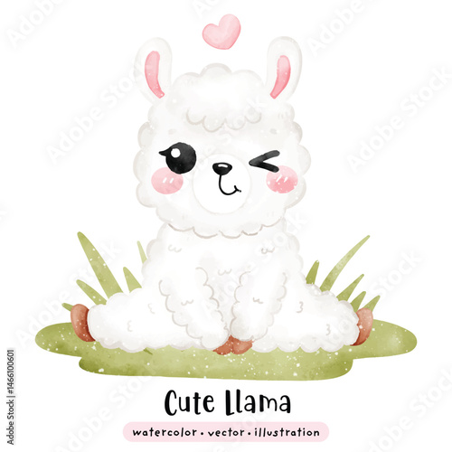 Cute Llama kawaii alpaca in watercolor style vector illustration