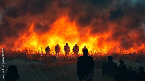Soldiers silhouetted against a fiery backdrop at dusk