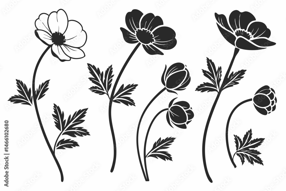 anemone icon set sihouette black vector bundle anemone icon set sihouette black vector bundle