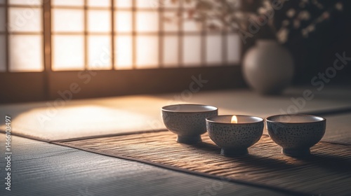 Calmness and serenity in a traditional setting with soft light and decorative bowls