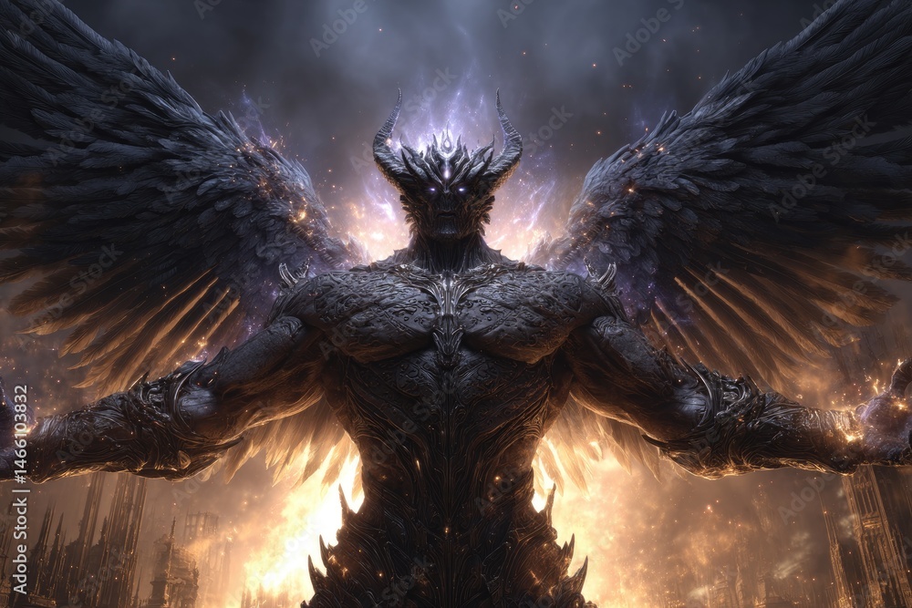 Powerful figure with dark wings and radiant energy.