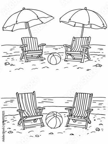 Beach chairs and umbrellas with beach ball line art elegant sketch.eps