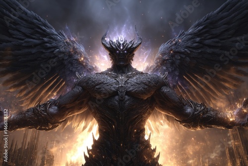 Obraz na płótnie Powerful figure with dark wings and radiant energy. w salonie